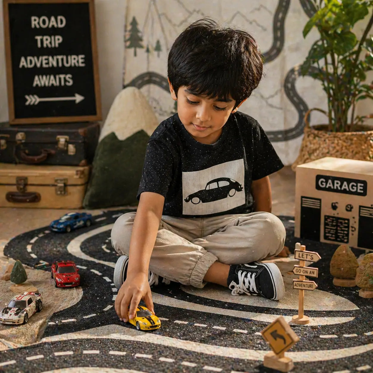 Stylish Boys Black Car Printed Half Sleeve T-Shirt