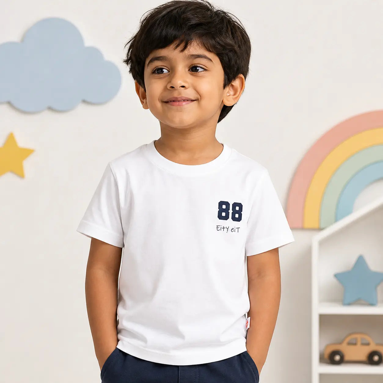 Boys White Colour Cotton Printed Half Sleeve Printed T-Shirt