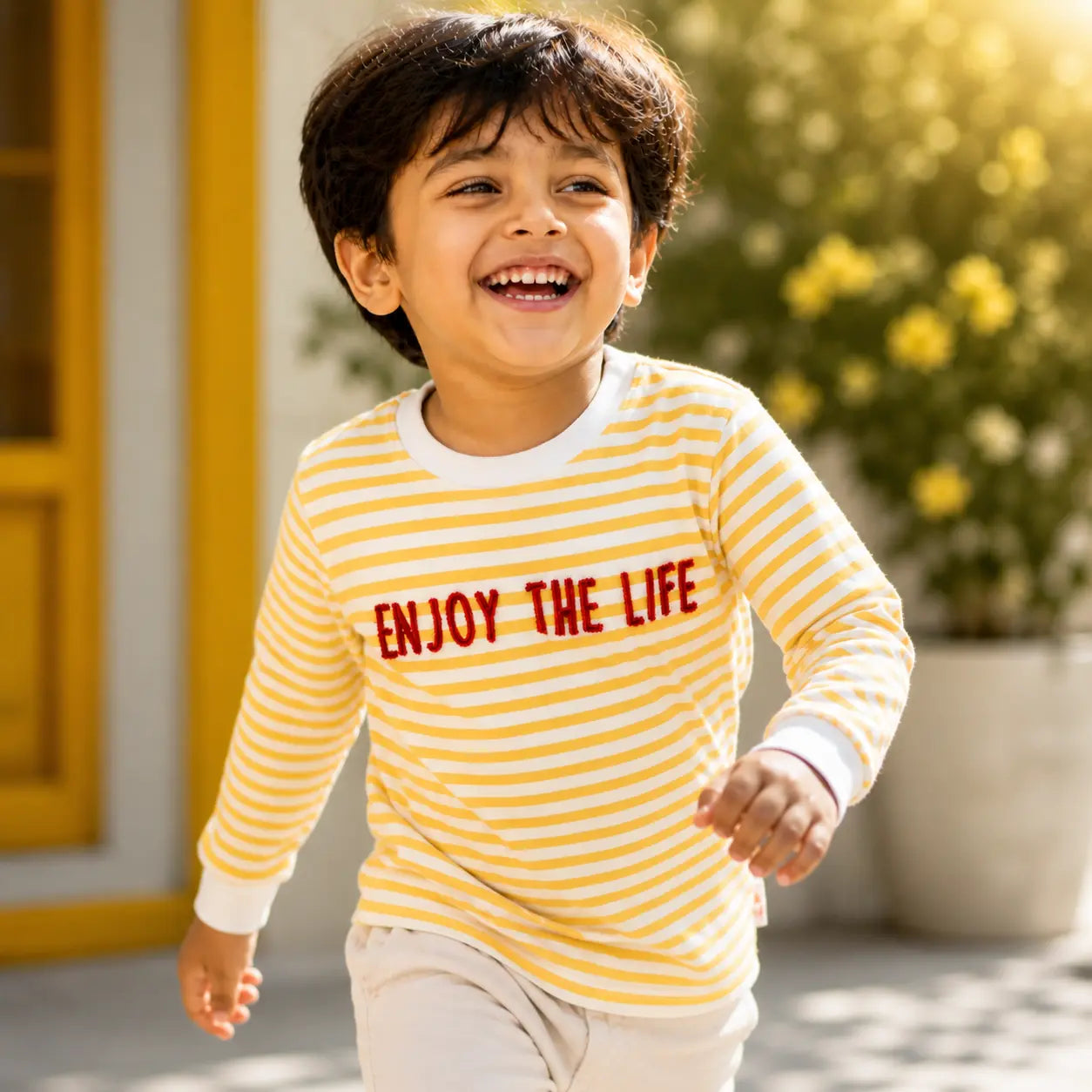 Comfortable Boys Yellow Cotton T-Shirt with Trendy Word Print - Full Sleeve