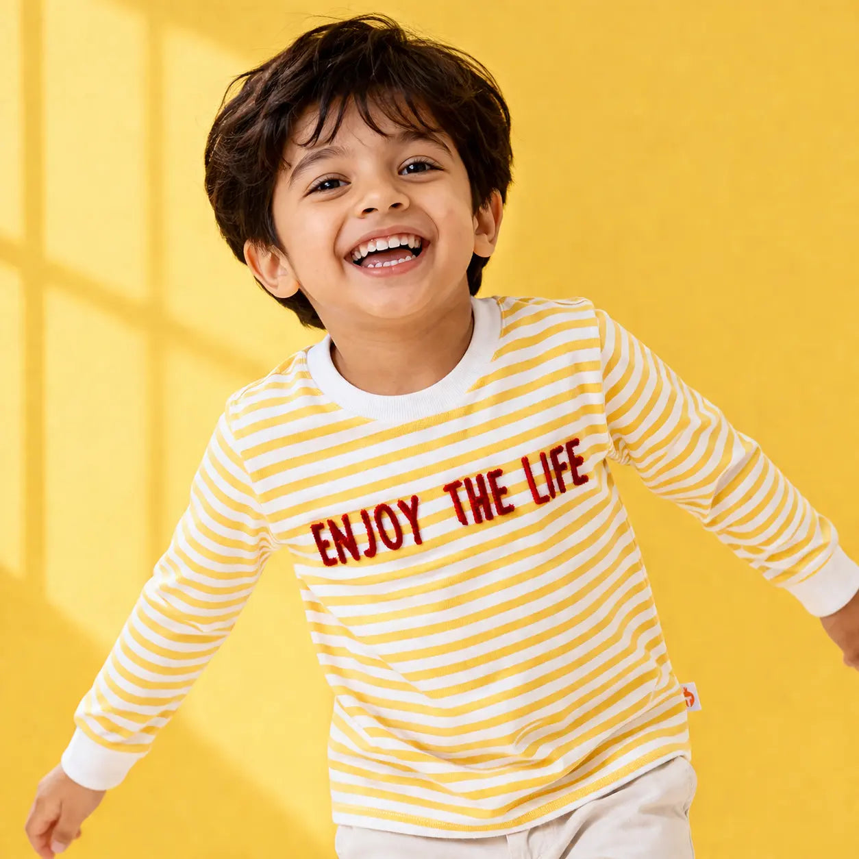 Comfortable Boys Yellow Cotton T-Shirt with Trendy Word Print - Full Sleeve