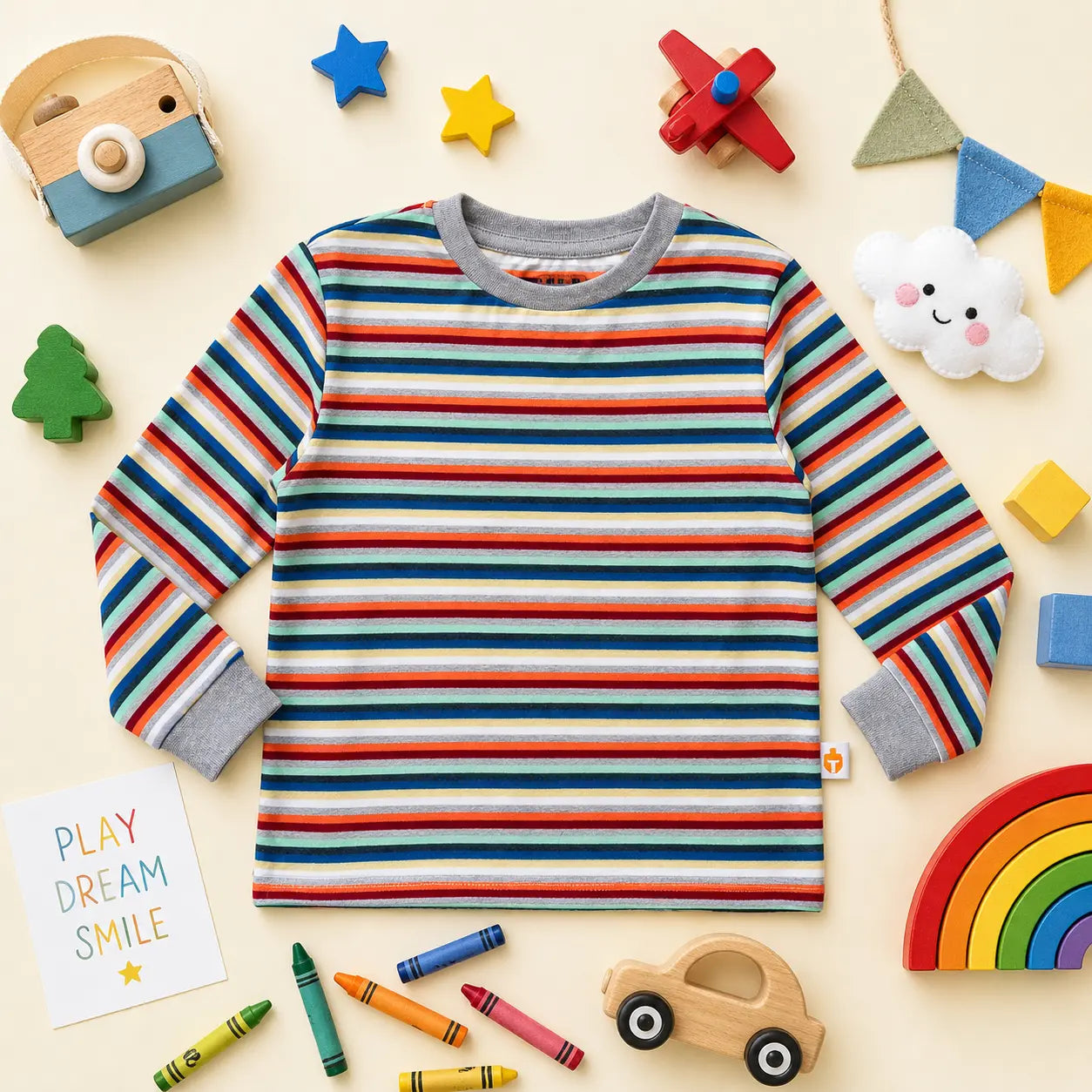 Boys Multi-Coloured Striped Cotton Full-Sleeve T-Shirt