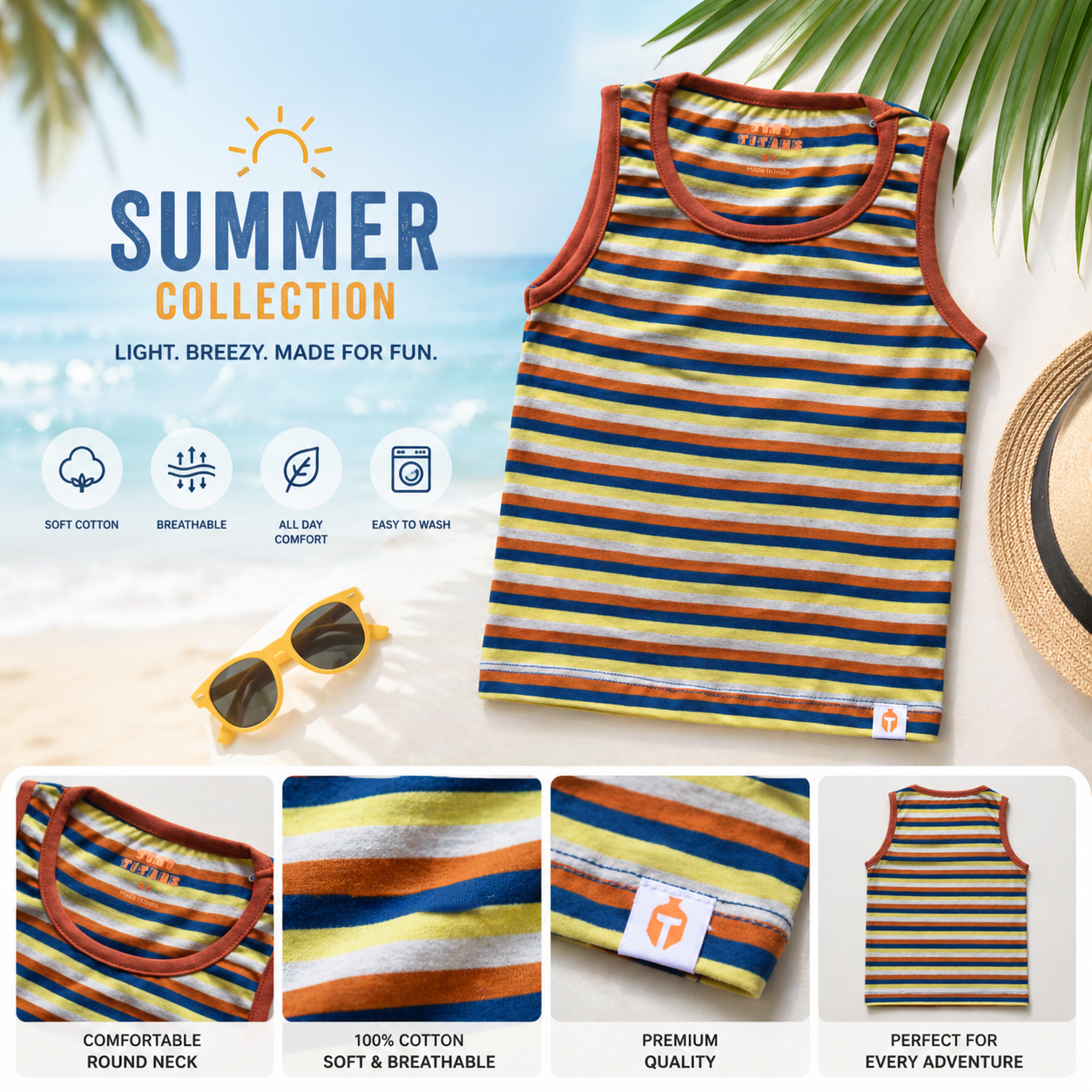 Boys Yarn-Dyed Striped Sleeveless T-Shirt - Brown/Yellow stripes