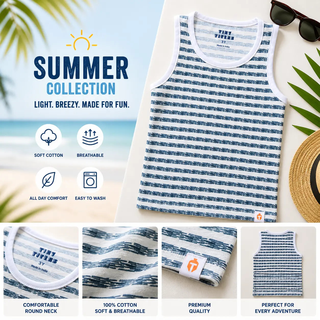 Boys Printed Striped Sleeveless T-Shirt - Navy stripes