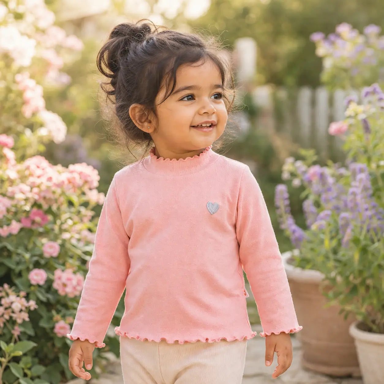 Girls Coral Colour Heart Printed Full Sleeve Top