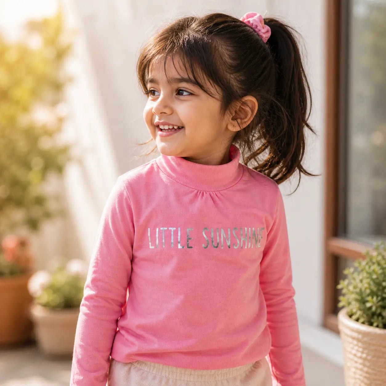 Girls Coral Pink Cotton Printed Full Sleeve Top