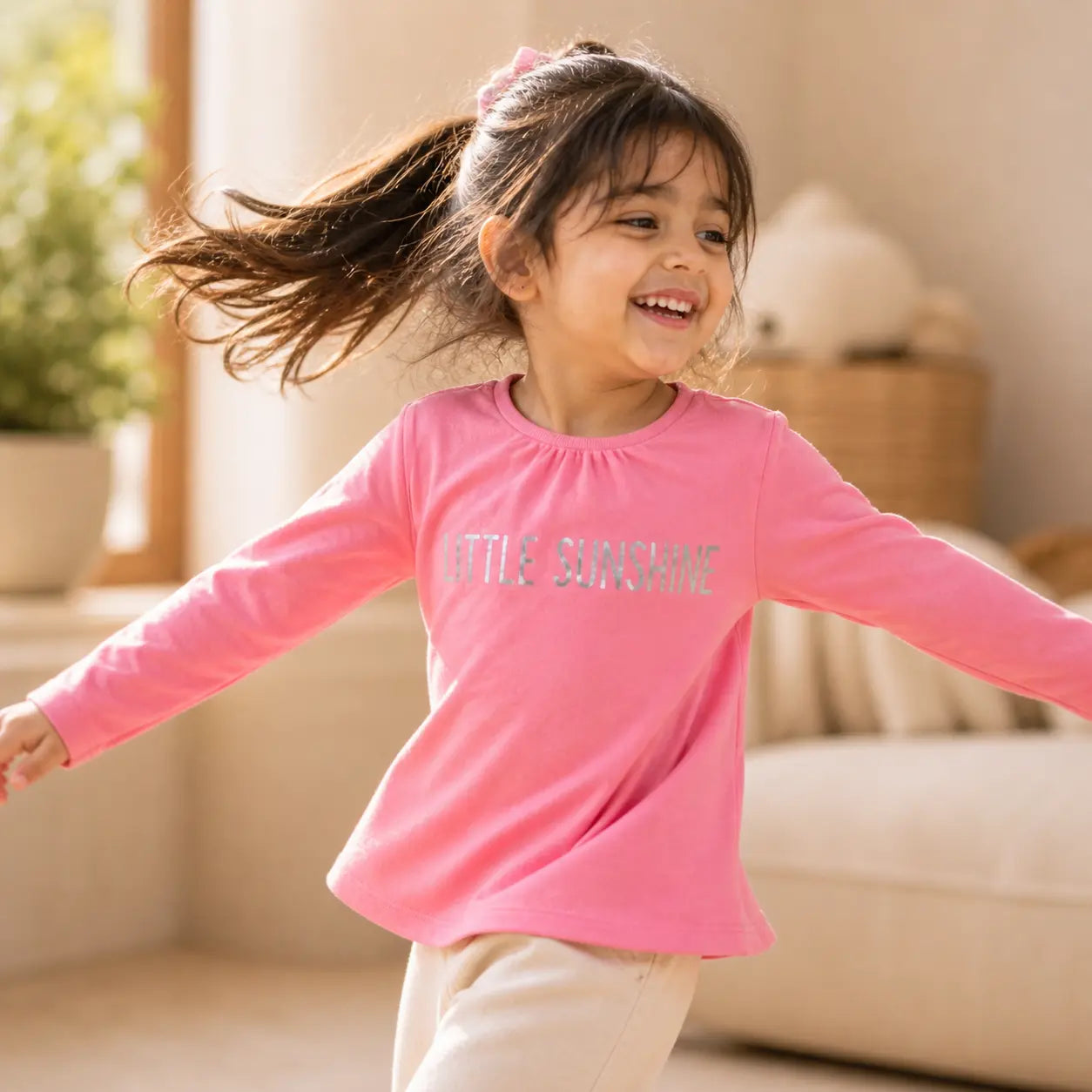 Girls Coral Pink Cotton Printed Full Sleeve Top
