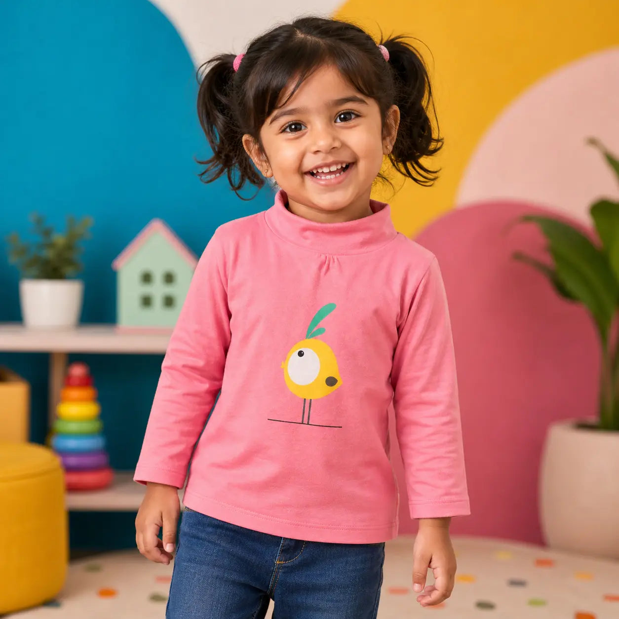 Girls Coral Pink Cotton Bird Printed Full Sleeve Top