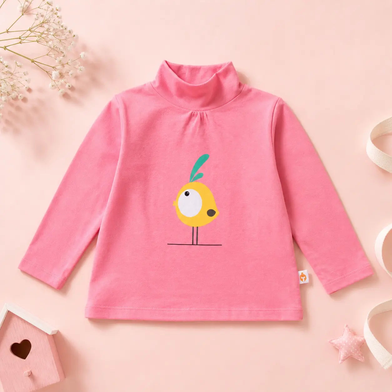 Girls Coral Pink Cotton Bird Printed Full Sleeve Top