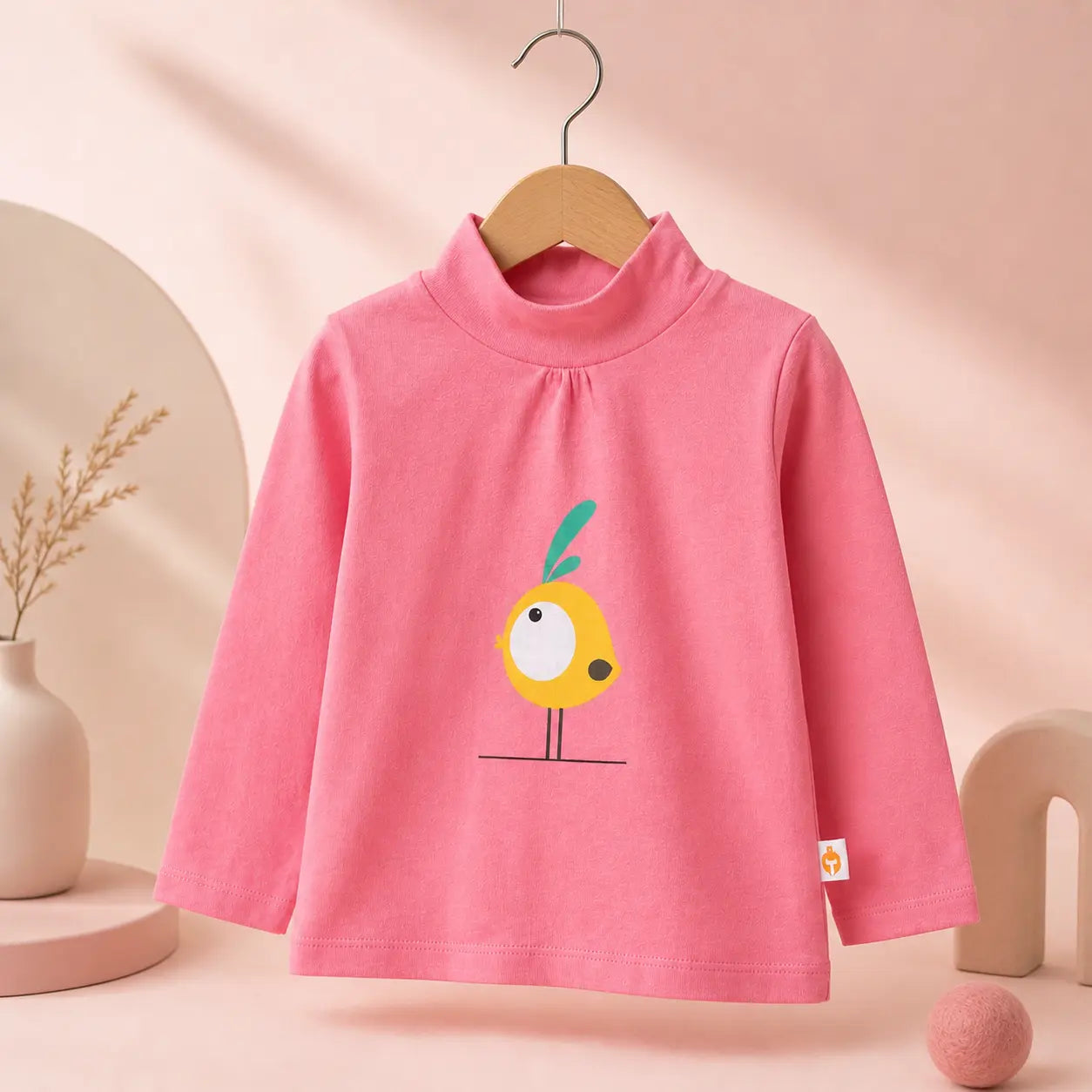 Girls Coral Pink Cotton Bird Printed Full Sleeve Top