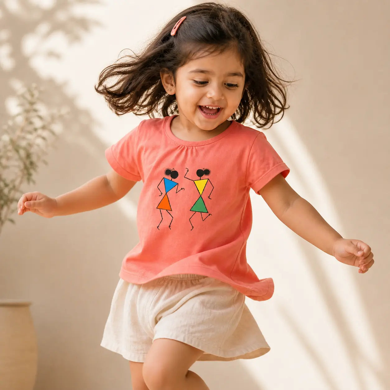 Girls Coral Colour Ancient girl Printed Half Sleeve T-Shirt