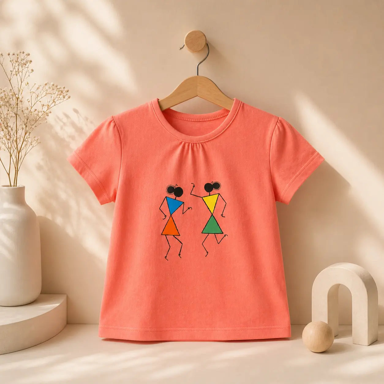 Girls Coral Colour Ancient girl Printed Half Sleeve T-Shirt