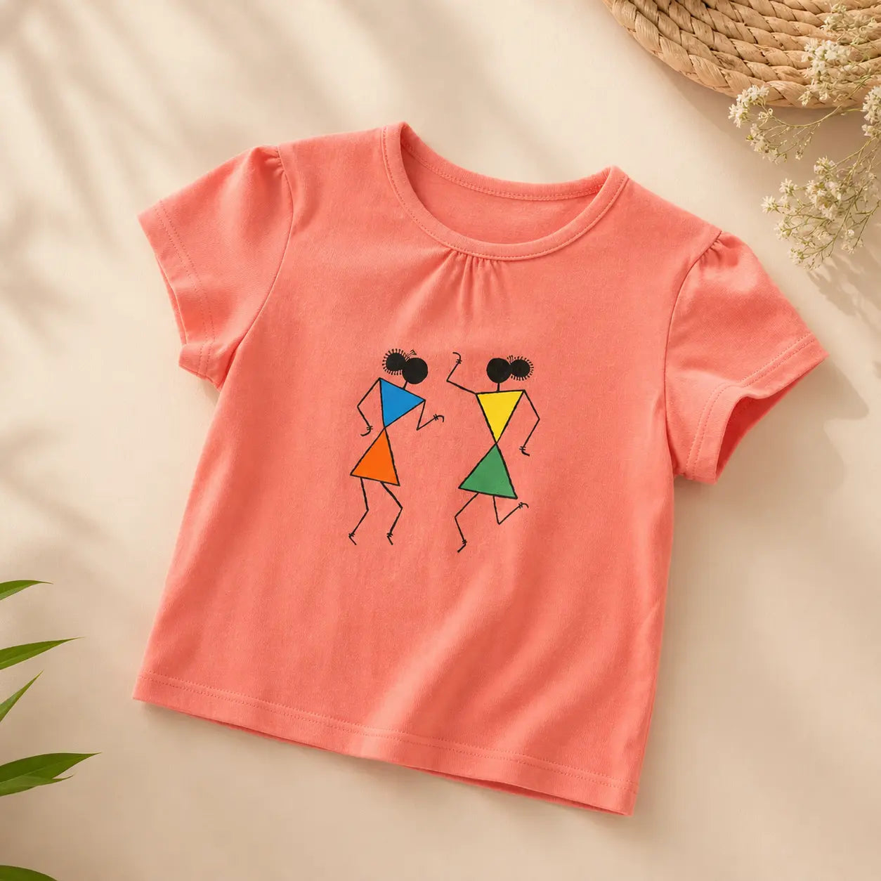 Girls Coral Colour Ancient girl Printed Half Sleeve T-Shirt