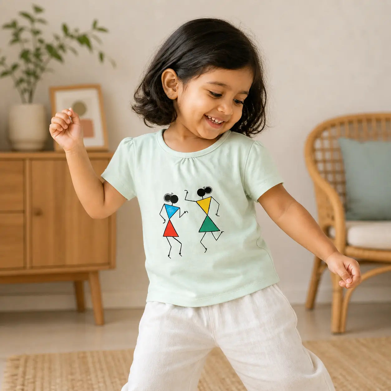 Girls Pista Green Colour Printed Half Sleeve T-Shirt