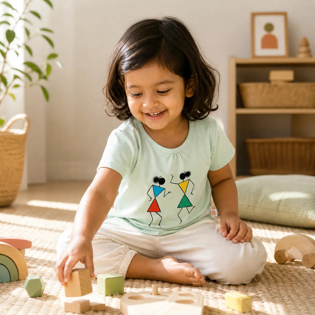 Girls Pista Green Colour Printed Half Sleeve T-Shirt