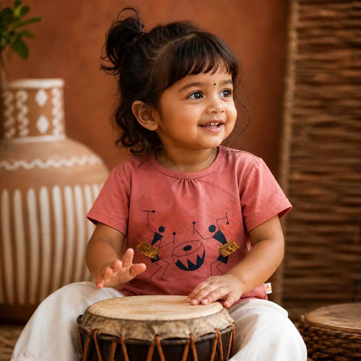 Girls Coral Colour Tribal Printed Half Sleeve T-Shirt