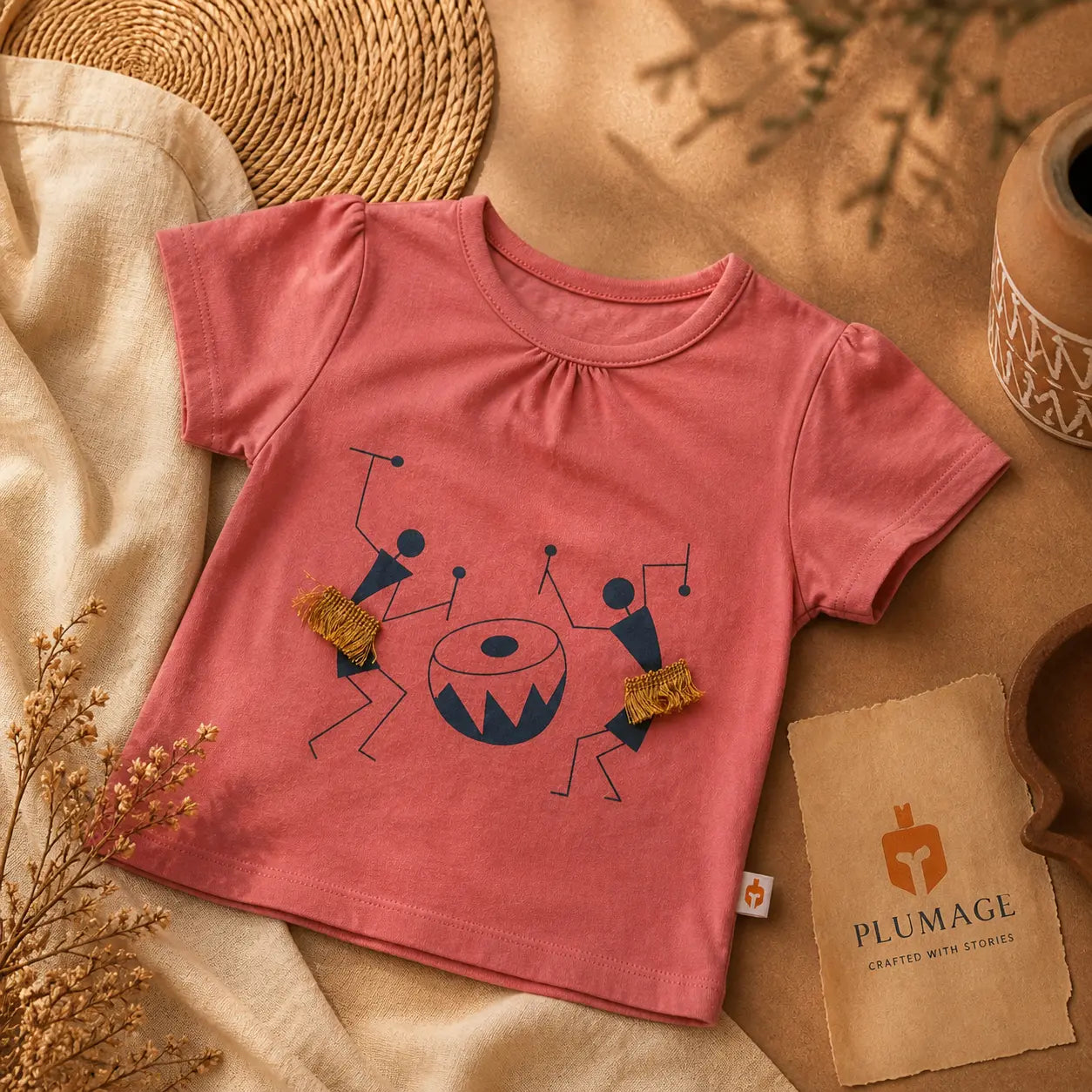 Girls Coral Colour Tribal Printed Half Sleeve T-Shirt
