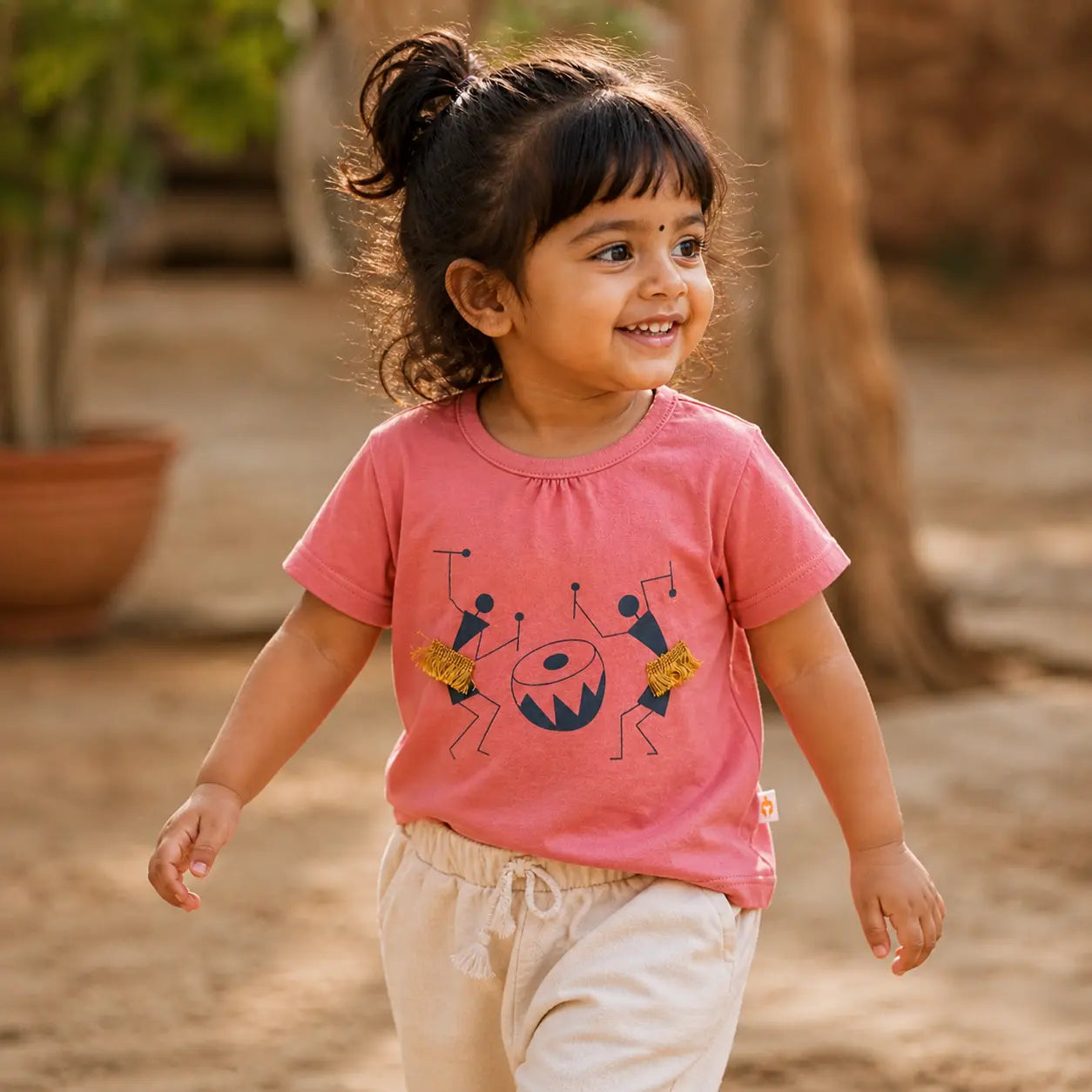 Girls Coral Colour Tribal Printed Half Sleeve T-Shirt
