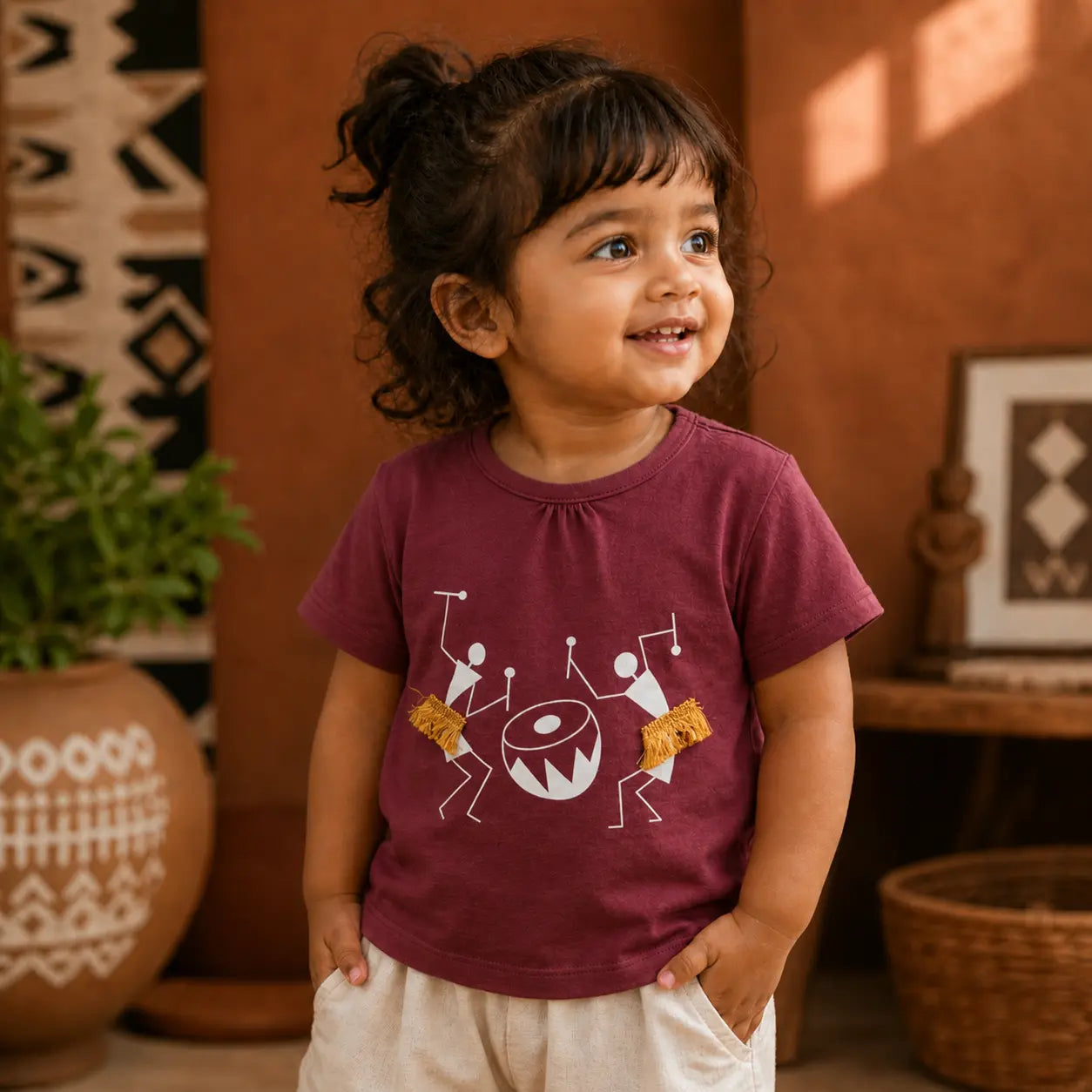 Girls Burgundy Colour Tribal Printed Half Sleeve T-Shirt