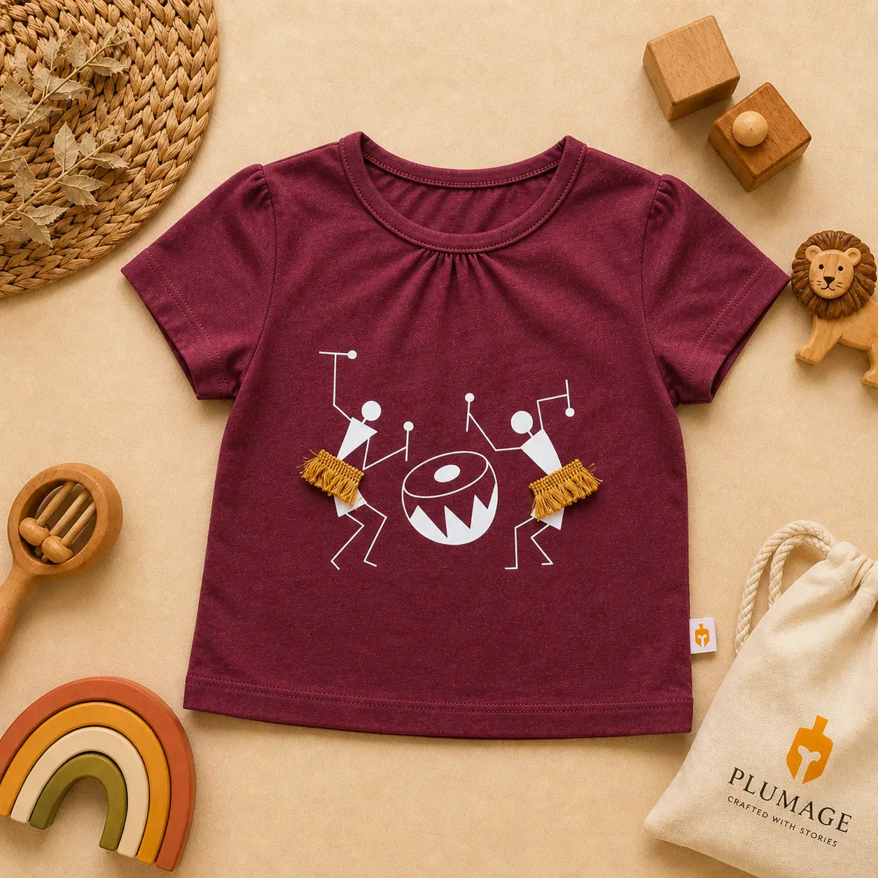 Girls Burgundy Colour Tribal Printed Half Sleeve T-Shirt