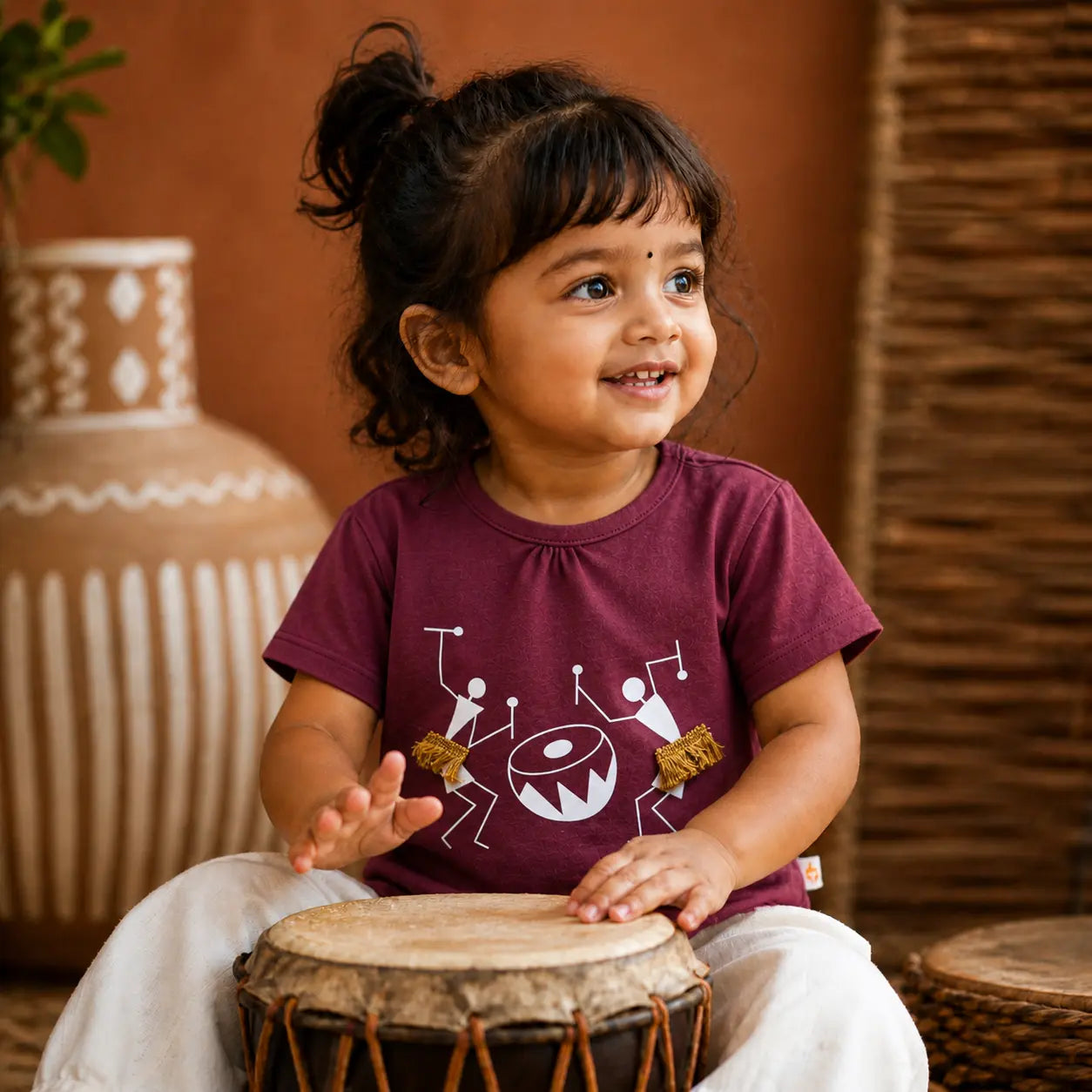 Girls Burgundy Colour Tribal Printed Half Sleeve T-Shirt