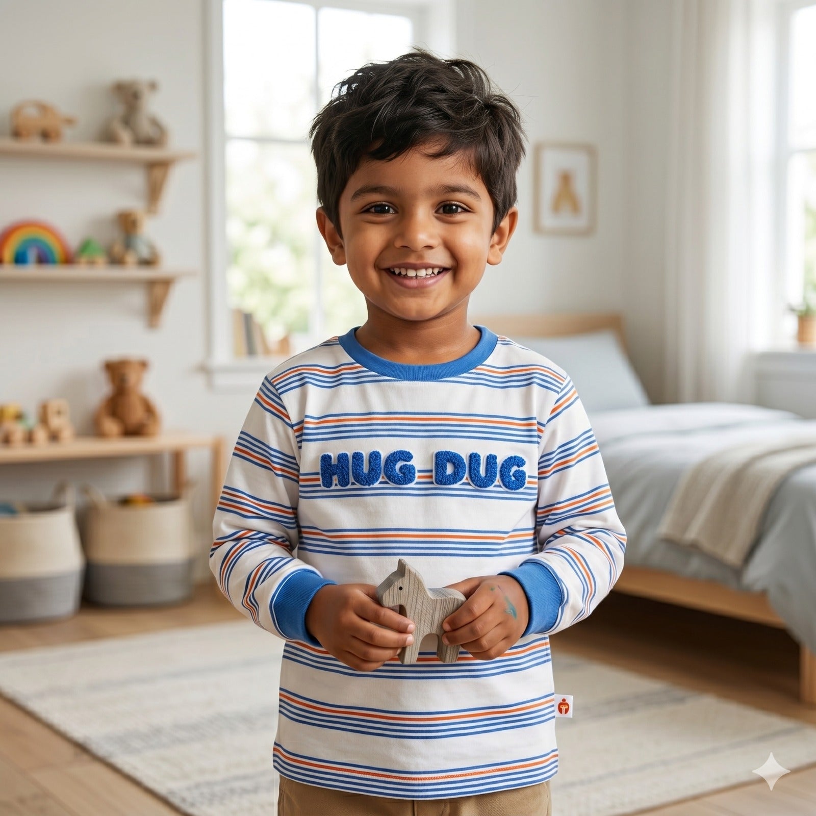 Boys White Cotton T-Shirt with Multicolored Stripes and Word Print - Full Sleeve
