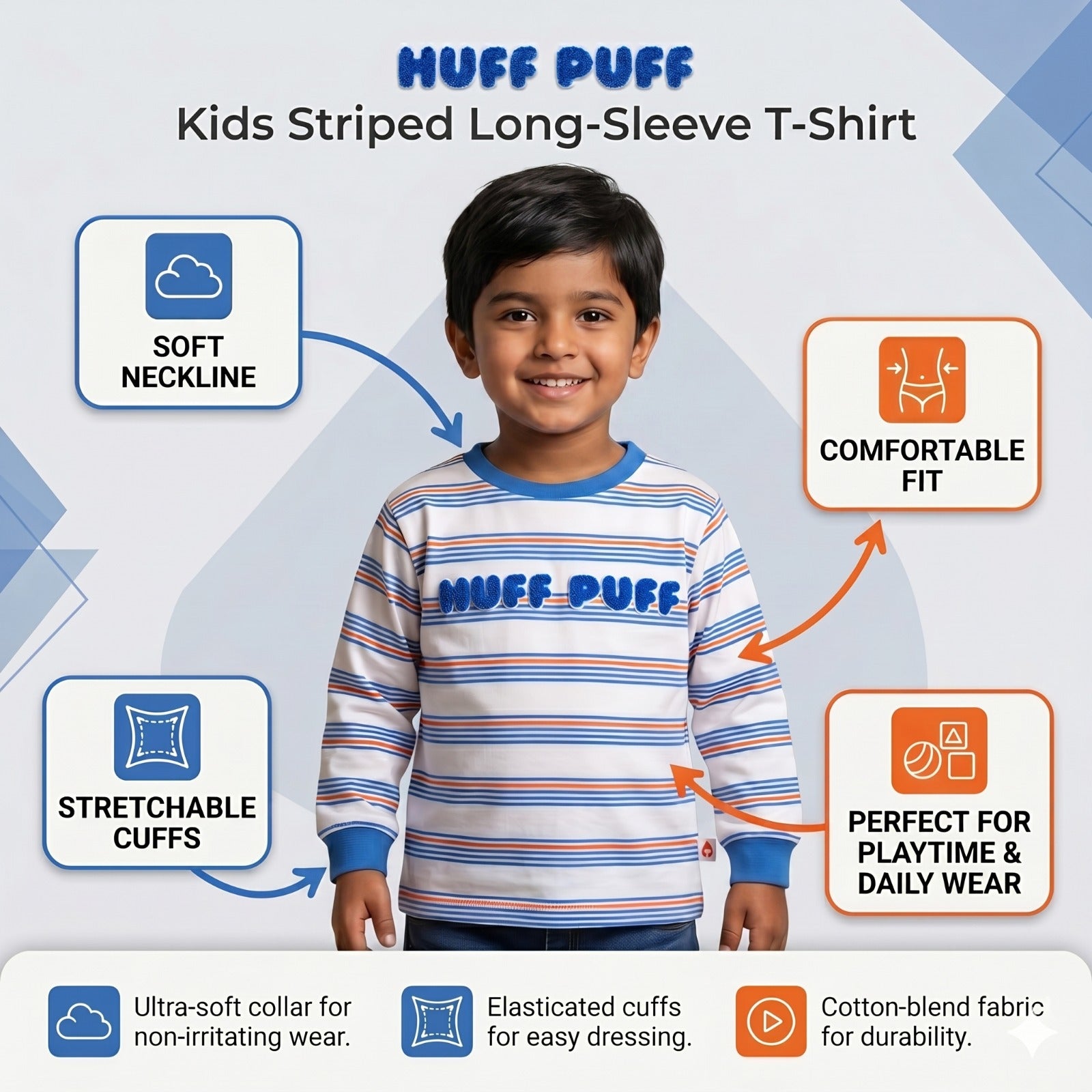 Boys White Cotton T-Shirt with Multicolored Stripes and Word Print - Full Sleeve