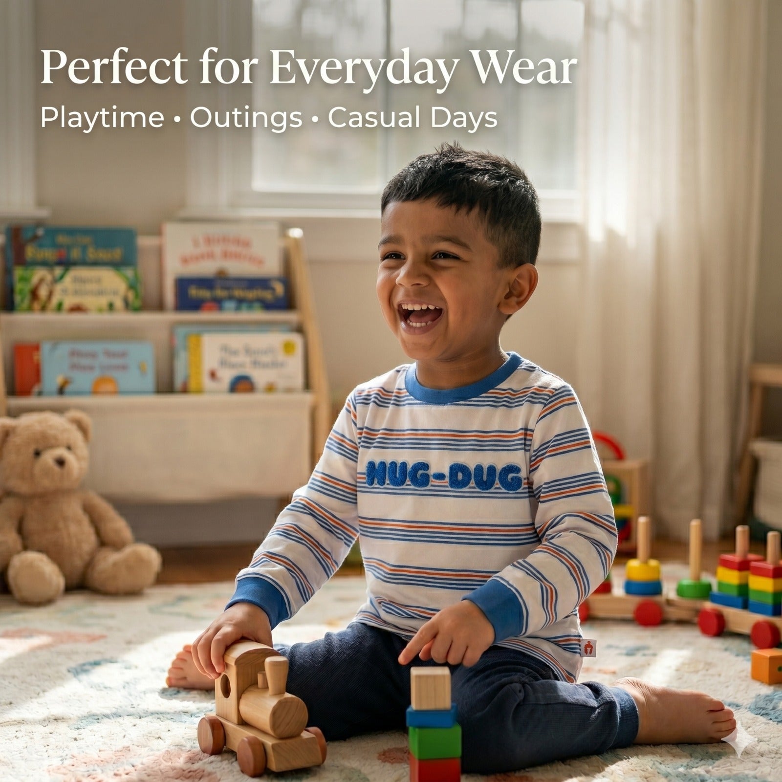Boys White Cotton T-Shirt with Multicolored Stripes and Word Print - Full Sleeve