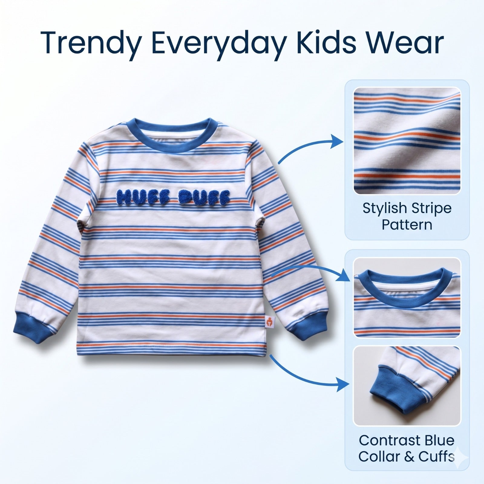 Boys White Cotton T-Shirt with Multicolored Stripes and Word Print - Full Sleeve