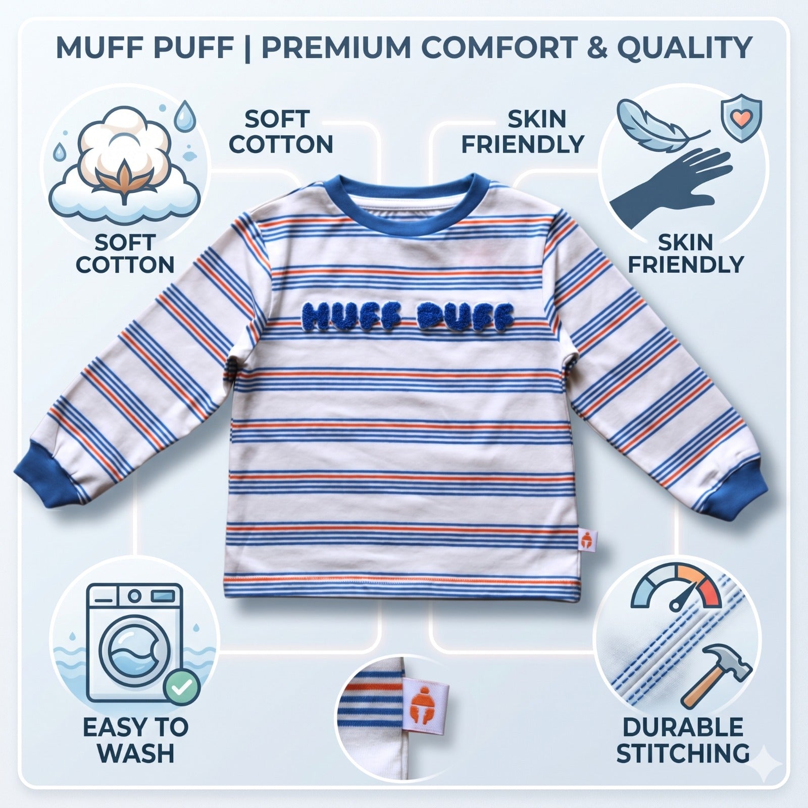 Boys White Cotton T-Shirt with Multicolored Stripes and Word Print - Full Sleeve