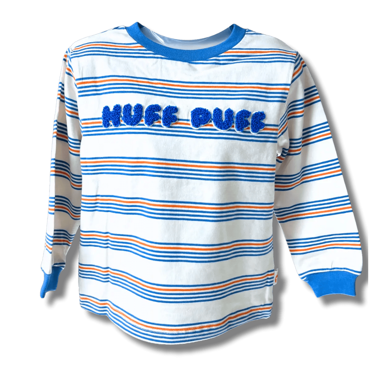 Boys White Cotton T-Shirt with Multicolored Stripes and Word Print - Full Sleeve - Plumage Shop