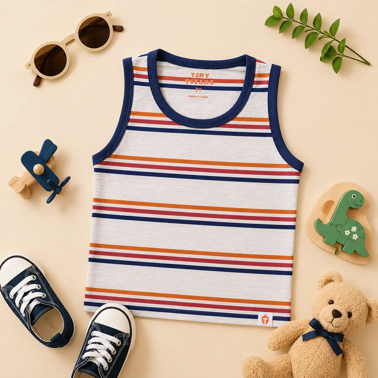 Boys Yarn-Dyed Beige Striped Sleeveless T-Shirt(Ages 2-8) | Plumageshop