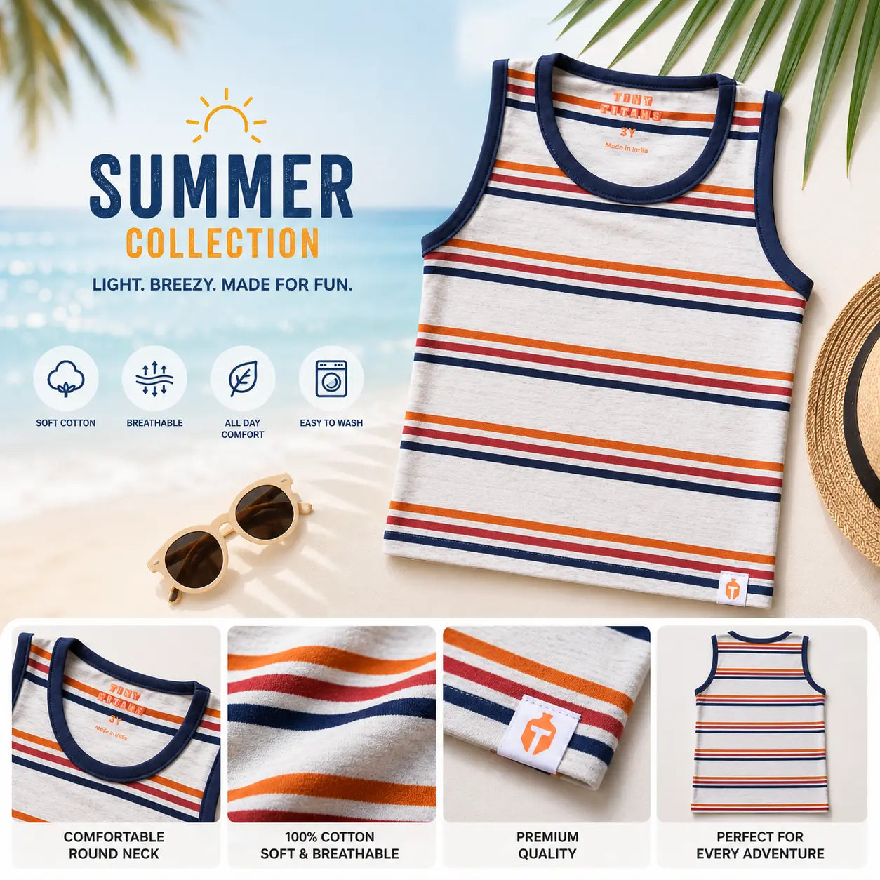 Boys Yarn-Dyed Beige Striped Sleeveless T-Shirt(Ages 2-8) | Plumageshop