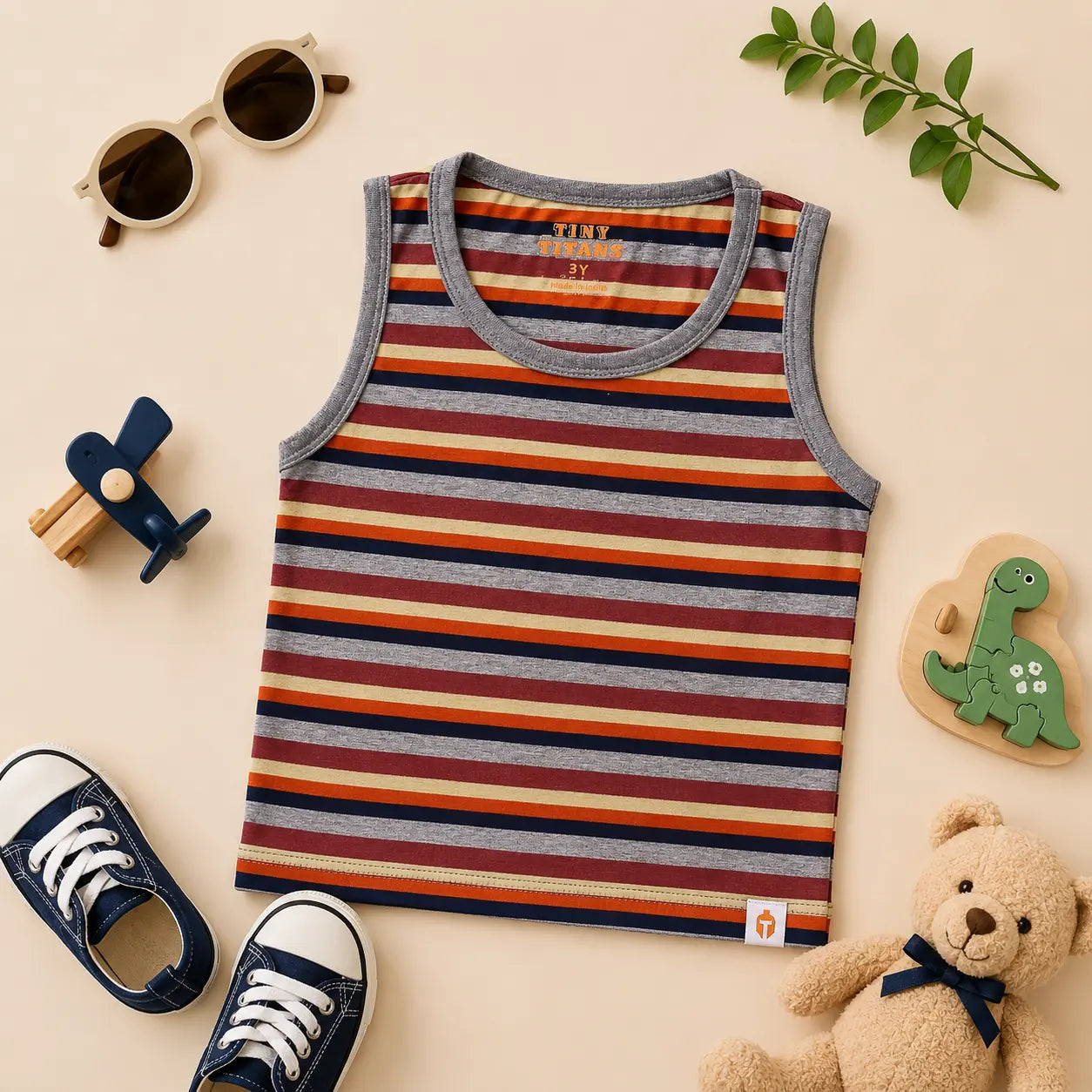 Boys Yarn-Dyed Melange Striped Sleeveless T-Shirt(Ages 2-8) | Plumageshop
