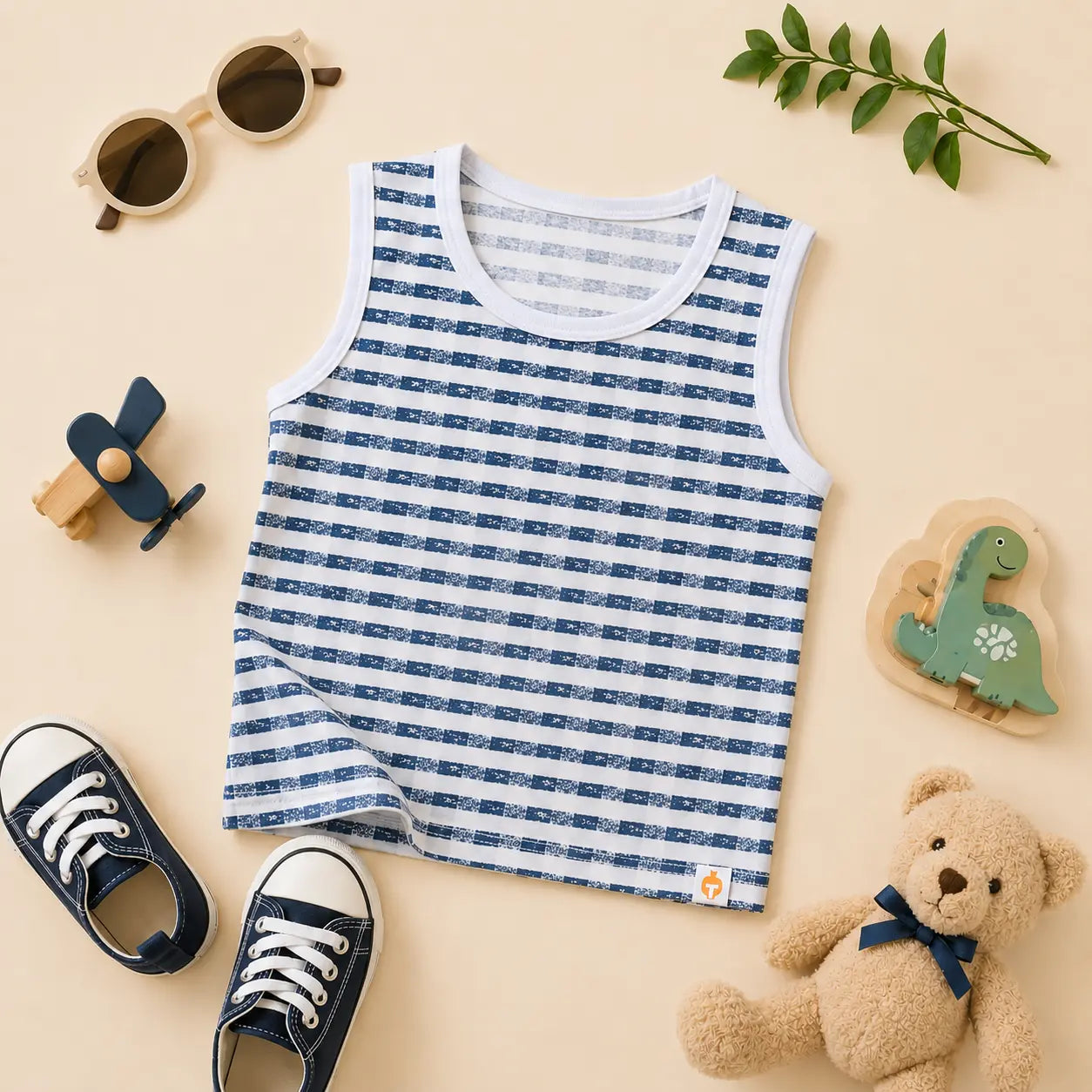 Boys Printed Navy Striped Sleeveless T-Shirt(Ages 2-8) | Plumageshop